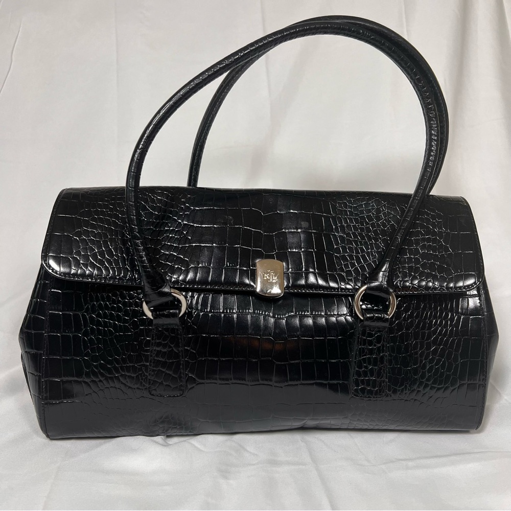 Ralph Lauren Black Crocodile-Embossed Tote Shoulder Bag